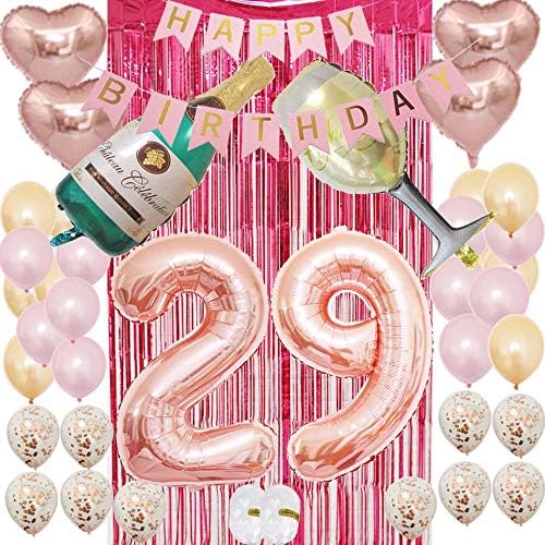 קישוטים ליום הולדת 29 לנשים רוז זהב | אספקת מסיבת יום הולדת 29 מעדיפים מעדיפים ערכת בלון-צ'מפגנה-ריס